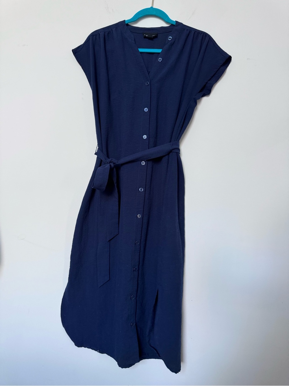 Navy Button-Front Belted Midi Dress